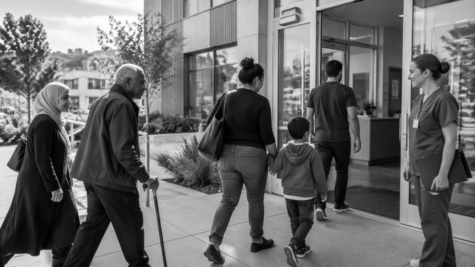 Patients of different ages arriving at a modern healthcare center